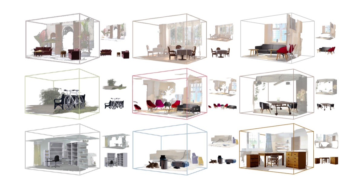 GARDEN reconstructions showing disentangled rooms and rigid foreground objects